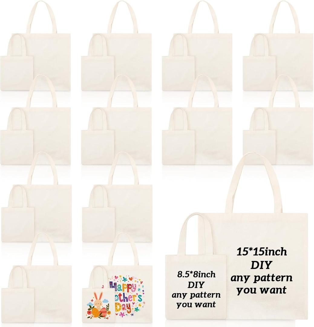 Amylove 24 Pcs Mini Tote Bag Sublimation Blank Canvas Tote Bags Reusable for Grocery Shopping, DIY, Easter Party Favor Gift Bags (15 x 15 Inch,8.5 x 8 Inch,Natural Color)