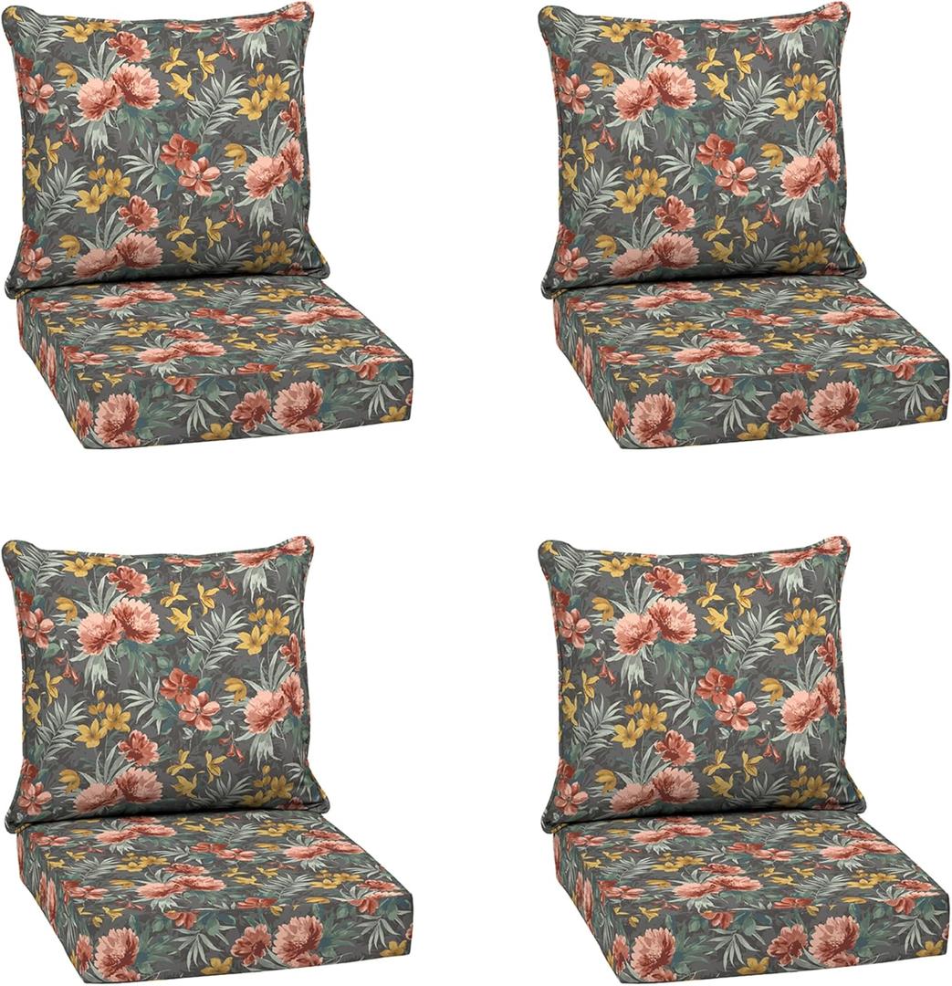 Arden Outdoor Deep Seat Cushion Set (4-Pack), 24 in x 24 in, Weather-Proof, Rain-Proof, Fade Resistant Patio Cushion for Chair, Sofa, and Couch Phoebe Grey Floral
