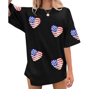 UNIQUEONE Sequin American Flag T Shirt Patriotic Shirts Women Oversize Veteran Shirt Short Sleeve Stars Stripes Top, S