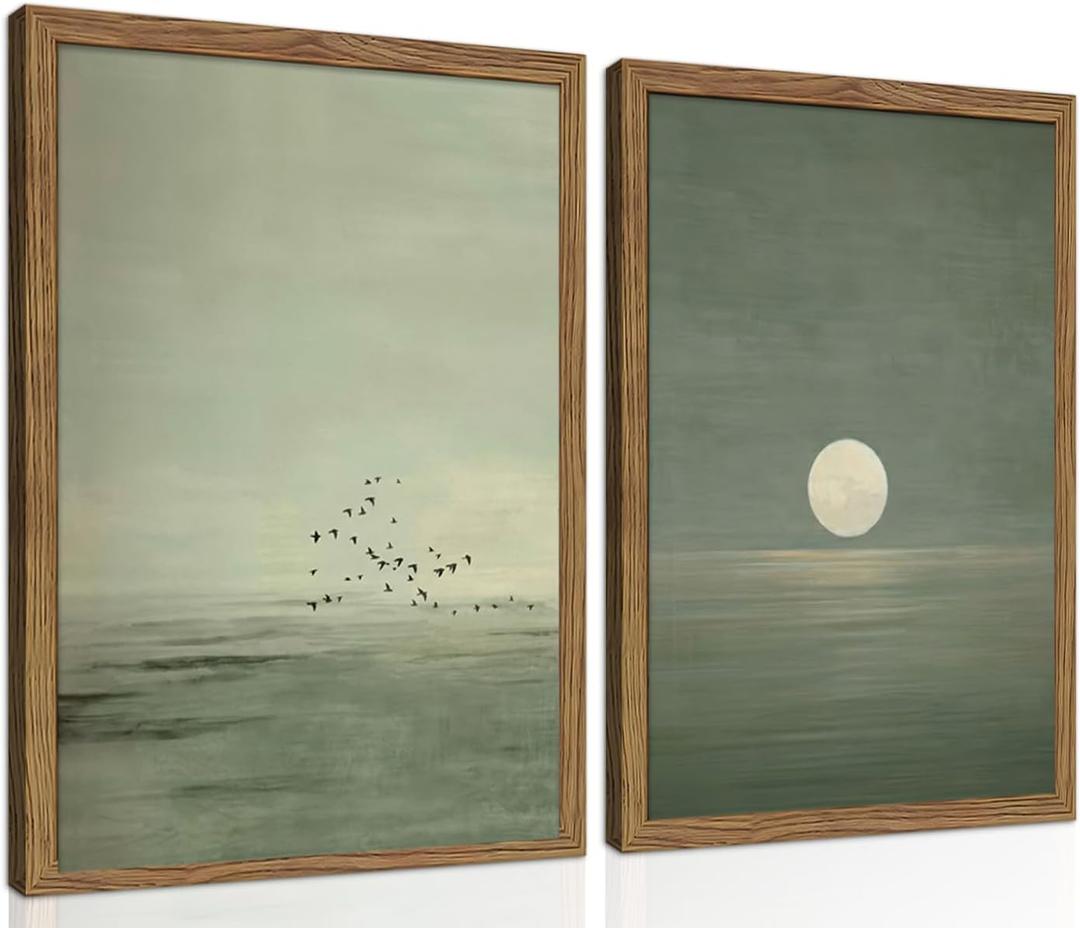 Framed Japanese Zen Wall Art Set of 2, Minimalist Sage Green Flying Duck Canvas Wall Decor Paintings, Modern Sunset Landscape Artwork Prints Picture for Living Room Bedroom Bathroom 16x24 Inch