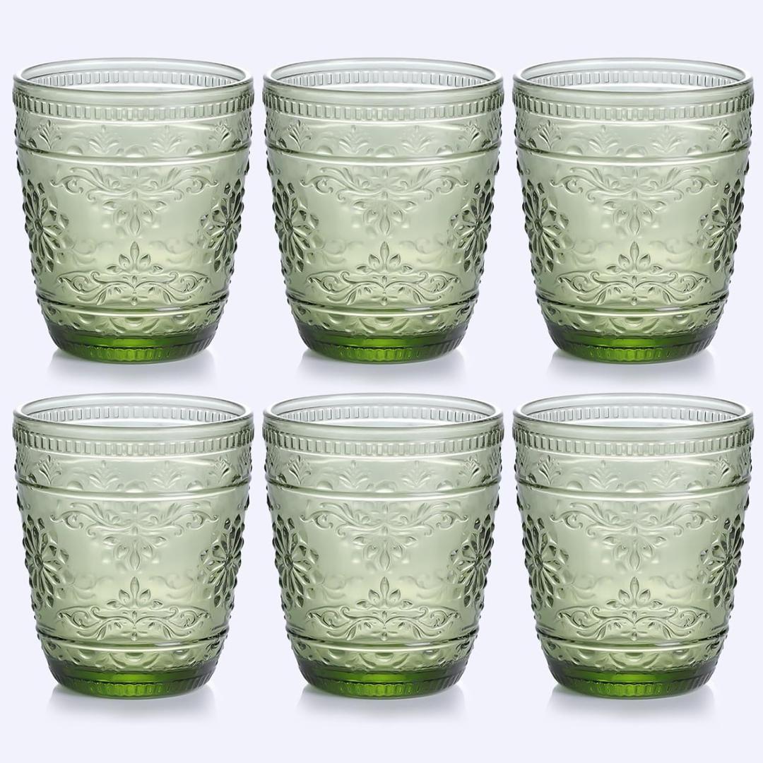 6Pcs Green Drinking Glassware, 10oz Drinking Glasses, Heavy Duty Glass Cups, Colored Embossed Glasses Set for Party Wedding Home Office Glassesware Gift
