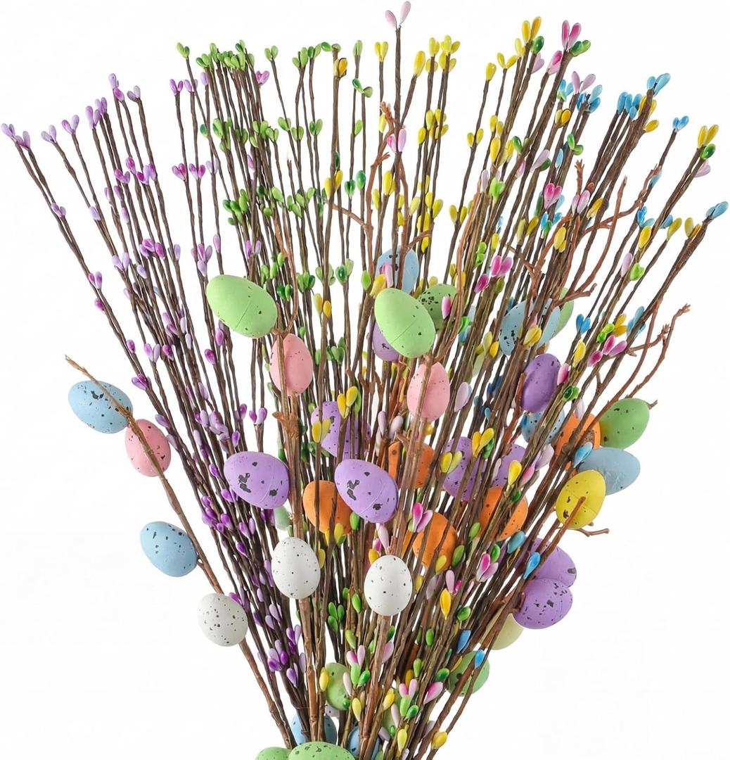 Juinte 26 Pcs Artificial Easter Spray Vine with Pastel Eggs and Berries Floral Stems Decorations Easter Egg Twig Branches Picks for Floral Arrangement Centerpieces Craft Wreath Making Home Decor