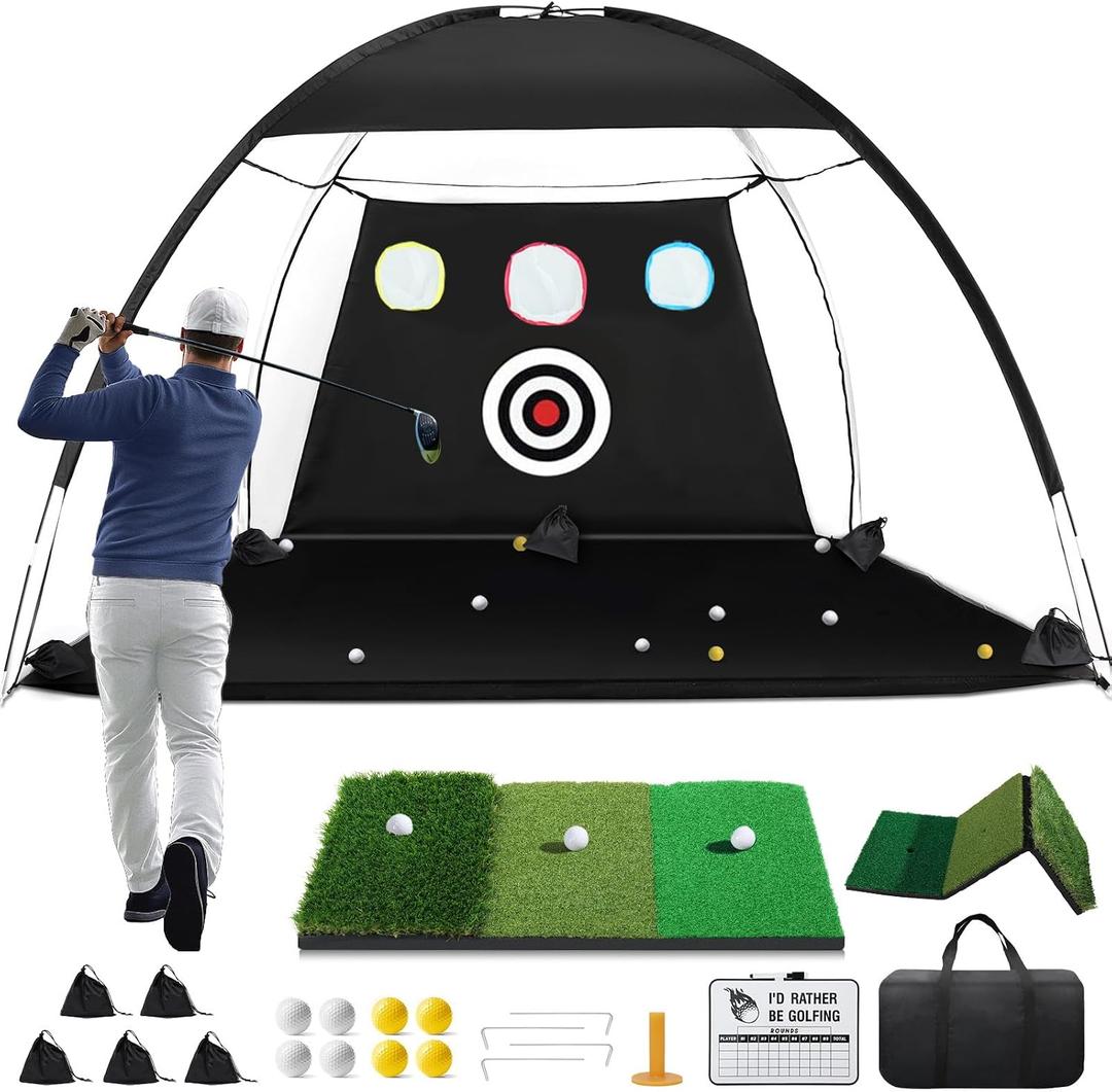Golf Net, 10x7ft Golf Hitting Aid with Mat, Designed for Outdoor & Indoor Use, Practice Nets for Backyard Driving Real Balls, Ideal Gifts for Men Dad Husband & Golfers