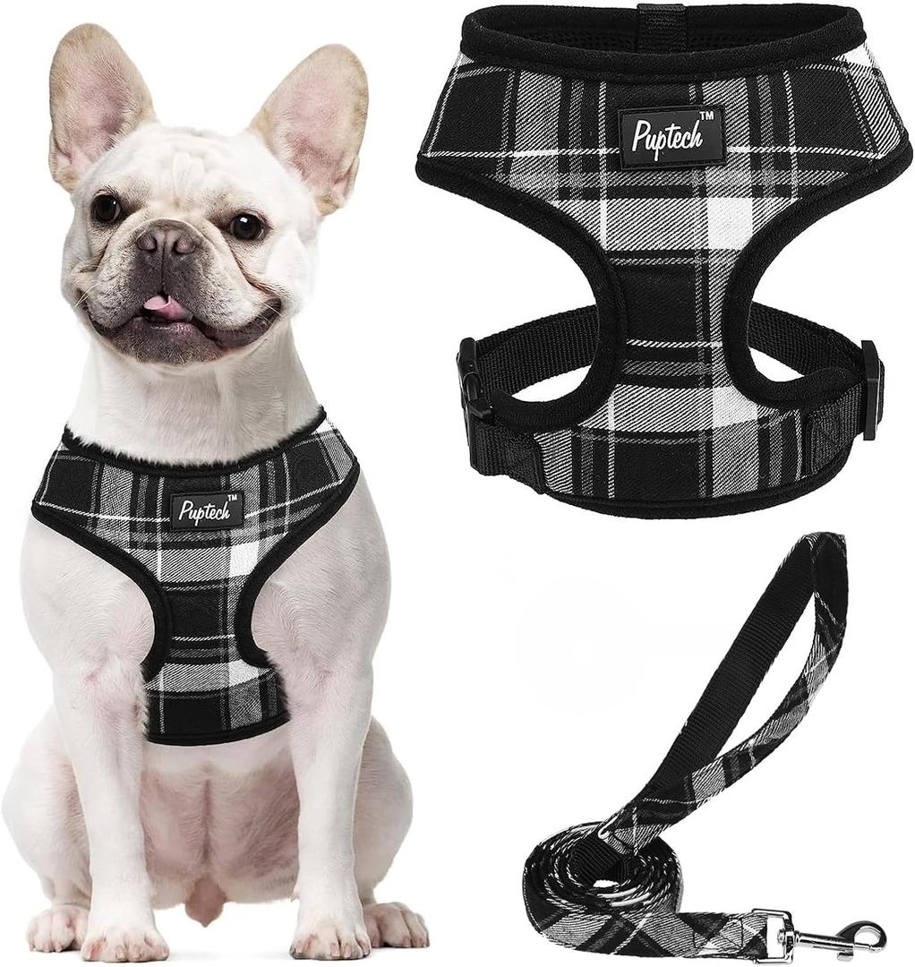 PUPTECK Soft Mesh Dog Harness and Leash Set Pet Puppy Cat Comfort Padded Vest No Pull Harnesses, Black, L (L (Neck: 17", Chest: 18.8"-24"))