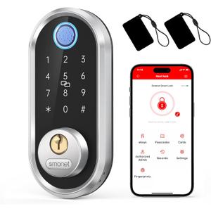 Smart Deadbolt, SMONET Fingerprint Electronic Deadbolt Door Lock with Keypad-Bluetooth Keyless Entry Front Door Digital Keypad App Control, Ekeys Sharing, App Monitoring Auto Lock for Homes and Hotel (Silver)