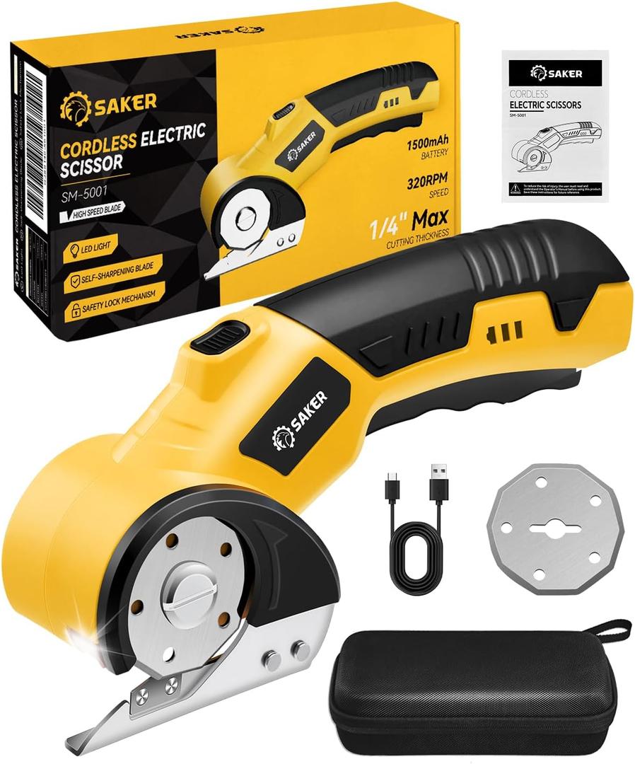 Saker Cordless Electric Scissors,Cardboard Box Cutter,4V Rechargeable Rotary Cutter with Safety Lock & LED Light,Cardboard Cutter for Cutting of Fabric, Leather, Carpet, Plastic, and More(2 Blades) Saker Cordless Electric Scissors,Cardboard Box Cutter,4V Rechargeable Rotary Cutter with Safety Lock & LED Light,Cardboard Cutter for Cutting of Fabric, Leather, Carpet, Plastic, and More(2 Blades)
