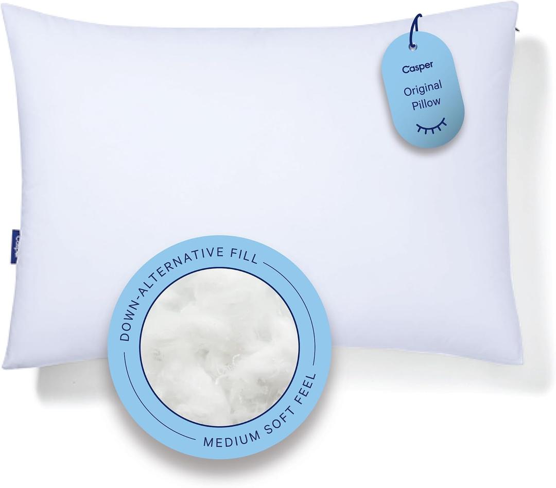 Casper Sleep Original Pillow, Standard Size Medium Soft Feel, Down-Alternative Fill, Supports Side, Back & Stomach Sleepers, Neck Pain Relief, Machine Washable