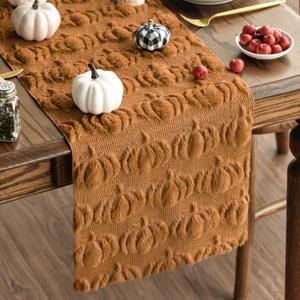 Artoid Mode Caramel Soft Plush Faux Fur Jacquard Pumpkins Fall Table Runner, Seasonal Autumn Kitchen Dining Table Decoration for Home Party Decor 13x36 Inch