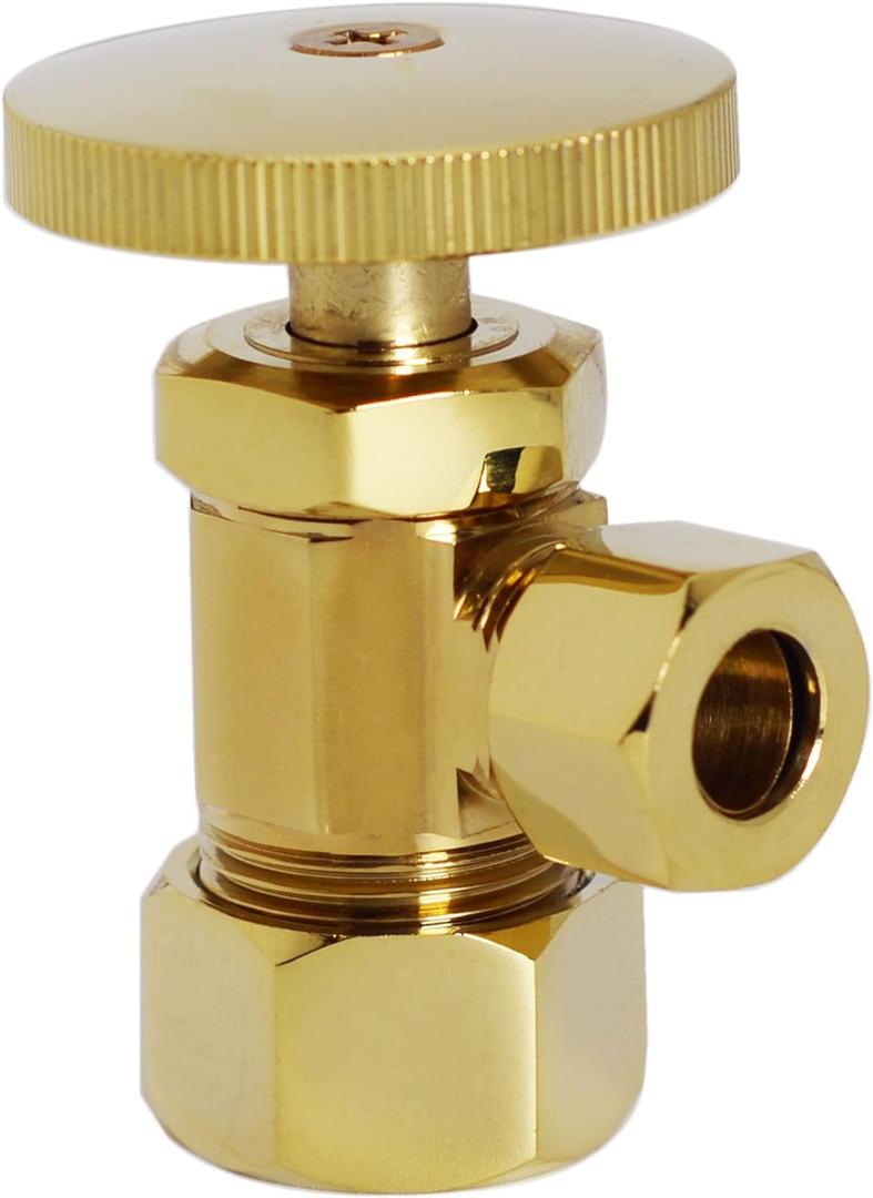 Westbrass Round Handle Angle Stop Shut Off Valve, 1/2" Copper Pipe Inlet with 3/8" Compression Outlet, Polished Brass, D105-03