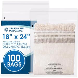 Spartan Industrial - 18 X 24 (100 Count) Self Seal Clear Poly Bags with Suffocation Warning for Packaging, Clothes - Resealable Glue