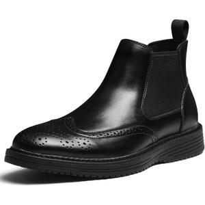 Hantatop Chelsea Boots Men Genuine Leather Casual Dress Boots Comfortable Classic Brogue Wingtip Slip On Ankle Chukka Boots for Office Casual Travel, Black US 10
