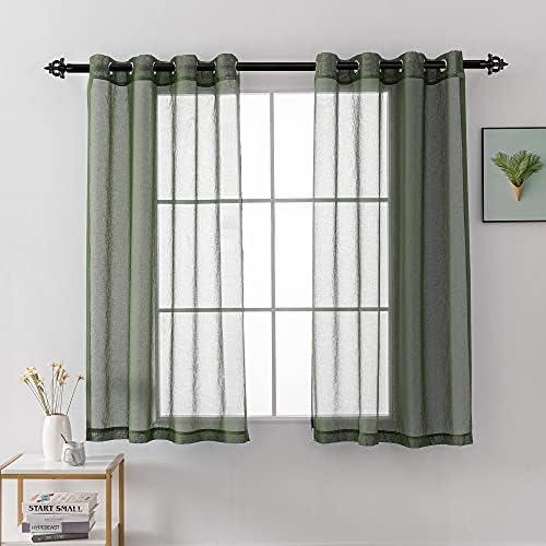 HUTO Midnight Green Sheer Curtains for Small Windows 54 Inch Length Faux Linen Voile Drapes Window Treatment Grommet Curtain Panels for Bedroom/Loft/Living Room 52x45 Inches 2 Panels Dark Green