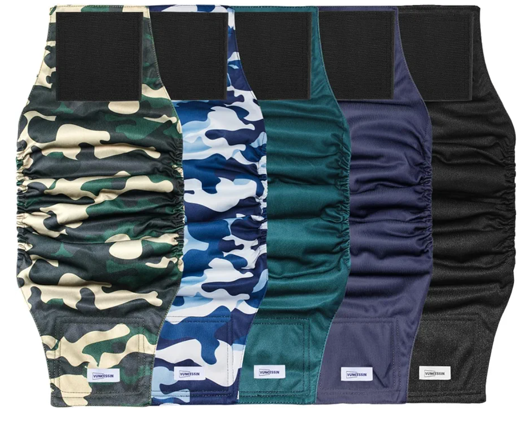 Reusable Dog Diapers Male, Premium Washable Belly Bands for Male Dogs, Pack of 5, High Absorbing Small Male Dog Wraps for Doggie & Puppy in Incontinence or Excitable Urination and Training (S, Camo & Dark Solid Color)