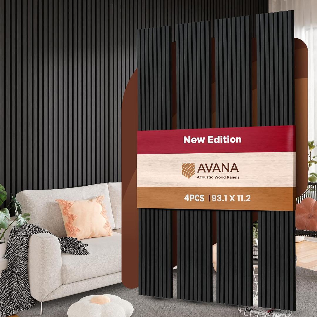 Avana Acoustic Wood Wall Panels 93.2x11.25 Inch Panels Fits 94x12 Layout Black Oak Acoustic Panels 4 PCs Wall Panels for Interior Wall Decor for Homes, Offices Design Wood Panels for Wall