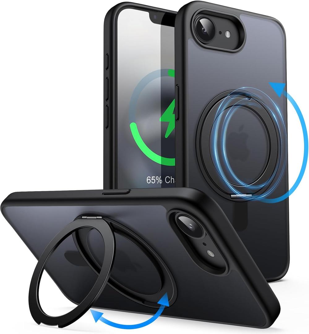 JUESHITUO 3 in 1 for iPhone 16 E Case, [Non-Yellowing] 360° Rotatable Magnetic Ring Stand, Slim iPhone 16 E Phone Cover 6.1'', Black Titanium