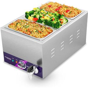 3-Pan Commercial Food Warmer with Non-Leakage Stretch-Forming Water Tank &3 of 1/3 Size GN Pan,Countertop Soup Station Bain Marie with Drain Tap for Buffet,Catering,Parties and Restaurants