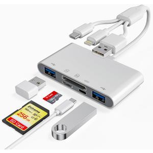 3 x SD Card Reader for iPhone/iPad, USB C and Lightning Port SD Card Adapter with 2 USB 3.0, Memory Card Reader for Camera Adapter, Support SD, Micro SD, Type C, USB-A Devices