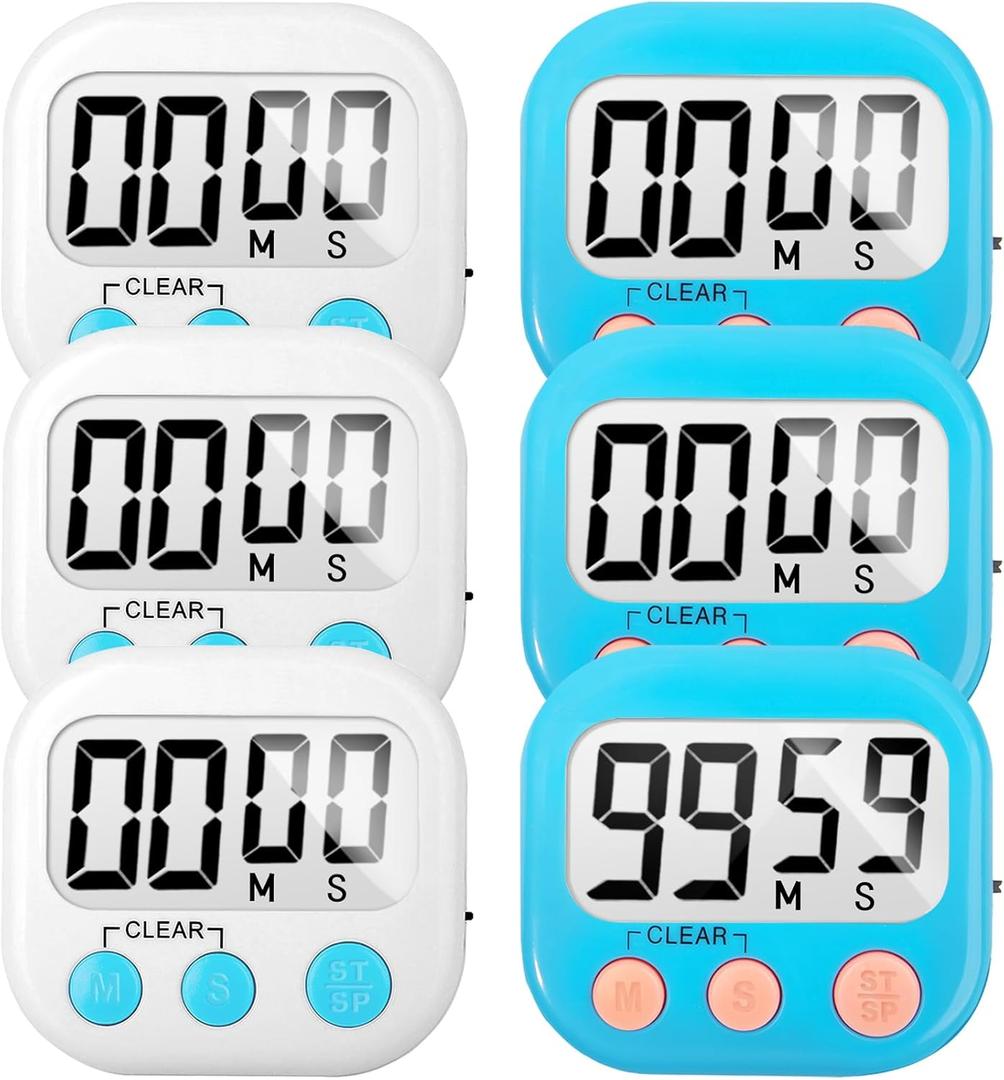 6 Pack Digital Kitchen Timer Small Classroom Timers for Kids Teachers (Blue&White)
