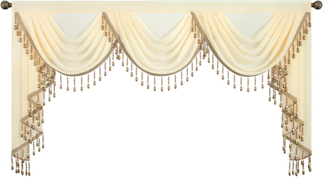 VOGOL Retro Brown Waterfall Valance Curtains, 79 Inches Wide Vintage Light Filtering Sheer Valances for Wedding Cafe Home Decor, 1 Panel Soft Touch Silky Drape with Tassels
