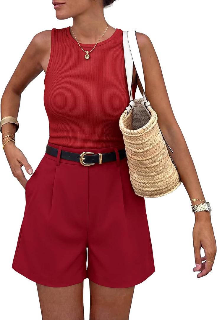 BTFBM 2 Piece Sets for Women Summer 2026 Sleeveless Matching Short Sets Tank Crew Neck Airport Travel Outfits Pockets (Medium, Red)