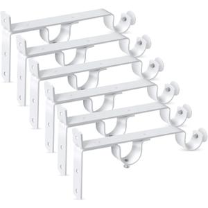 Double Curtain Rod Bracket, Heavy Duty Curtain Rod Holders Hooks, White 6 Pack Drapery Rods Hangers for Wall, Vintage Drapery Rods Support Brackets for 1-1.1 Inch Drape Poles