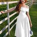 YMDUCH Women's Elegant Off Shoulder Short Sleeve A line Flowy Swing Cocktail Party Long Dress (White)