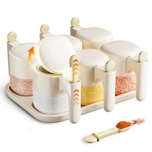 Glass Condiment Jar, 6 Pack Spice Canisters With Lids And Spoons, Salt Sugar Storage Container Seasoning Box Clear Cruet, Beige+White. Household Seasoning Jars, Kitchen Storage, Seasoning Tray Storage Combination (Beige,B)