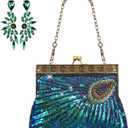 Peacock Purses Peacock Earrings Peacock Clutch Bags Dangle Earrings Women's Evening Handbags for Parties Wedding (Green)
