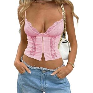 WDIRARA Women's Lace Low Cut Cami Crop Top Sexy Y2k V Neck Going Out Camisole Tops (Large, Pink)