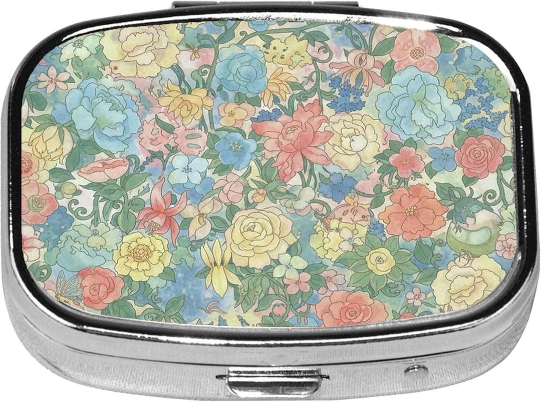 2 x Square Pill Case Small Pill Box with Mirror Pocket 2 Compartment Vitamin Pill Medicine Case Organizer Pill Containers for Traveling Blooming Flower One