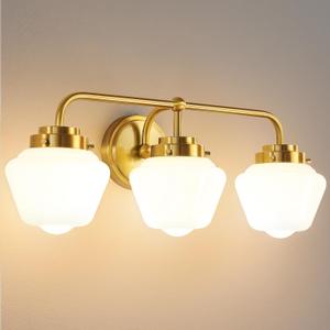 RUIYEY Bathroom Vanity Light Fixtures: 3-Lights Gold Vanity Lights Over Mirror, 17 Inch E26 60W Modern Bathroom Lighting Fixture with Milky White Glass for Bath Restroom