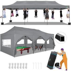 COBIZI 10x30 Pop up Canopy Tent 10x30 Canopy with Sidewalls, Heavy Duty Party Tent Tents for Parties, Foldable UPF 50+ Waterproof Commercial Ez up Canopy with Roller Bag, Grey(Windproof Upgraded) (Gray)