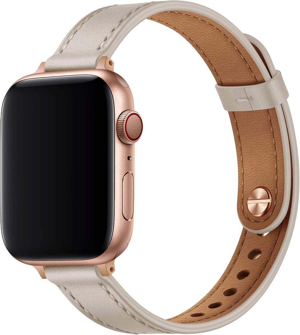 OUHENG Slim Bands Compatible with Apple Watch Band 42mm 41mm 40mm 38mm, Women Genuine Leather Replacement Thin Strap for iWatch SE 3/2/1 Series 11 10 9 8 7 6 5 4 3 2 1 (Ivory White/Rose Gold)