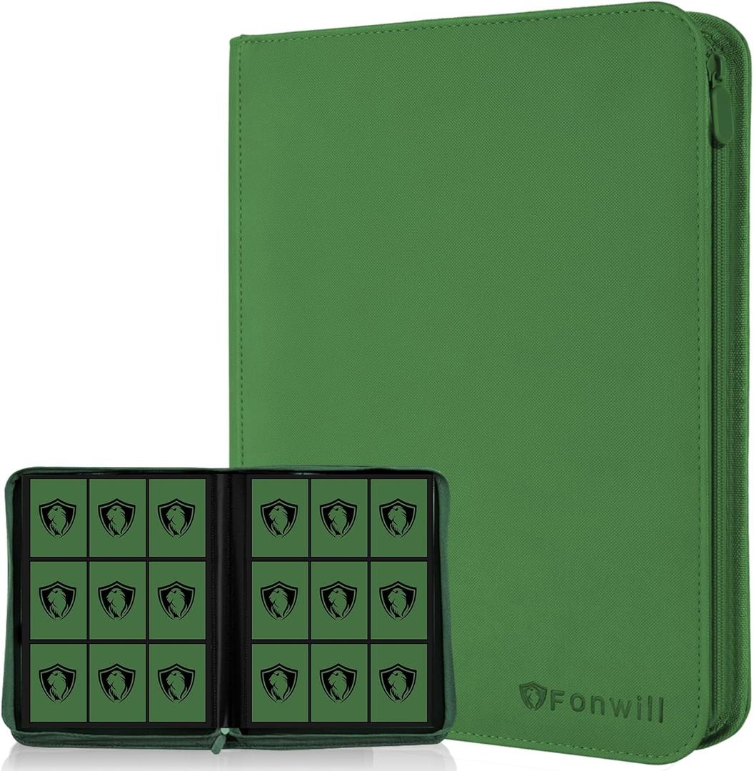 Card Binder 9 Pocket with Zipper,360 Pockets Trading Card Holder Book, Premium PU Cover Zip Folder Binder for TCG, MTG,Sports Cards, Game Cards (Greens)