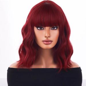 Red Wig With Bangs for Women Short Wine Red Curly Wavy Heat Resistant Synthetic Cosplay Wigs for Daily Use With Wig Cap (Burgundy)