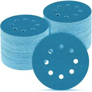 100-Pack 5 Inch 8 Holes Hook and Loop Sanding Discs,80/120/150/240/400 Grit Blue Sandpaper for Random Orbital Sander