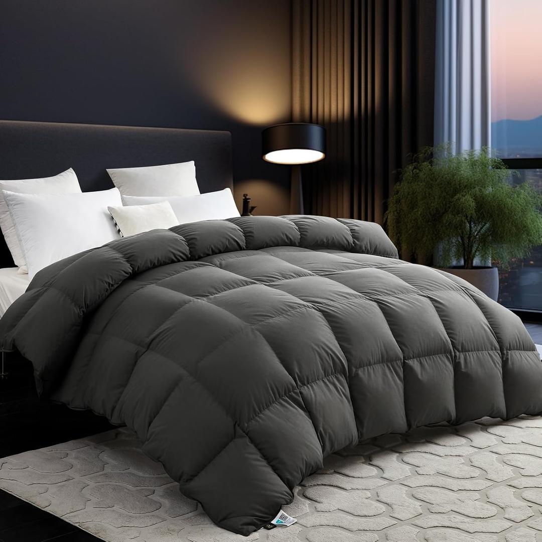 L LOVSOUL Organic 75% Goose Down Fiber Comforter King Size,850+FP,1200TC,Extra Fluffy,Hotel-Luxury Ultra Soft All Season Grey Duvet Insert with 8 Corner Tabs