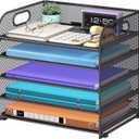 5 Tier Paper Organizer with Handle, Metal Mesh Desk Organizer File Folder Paper Letter Tray Desktop Document Sorter for Classroom, School, Office Accessories Organization and Storage - Grey 