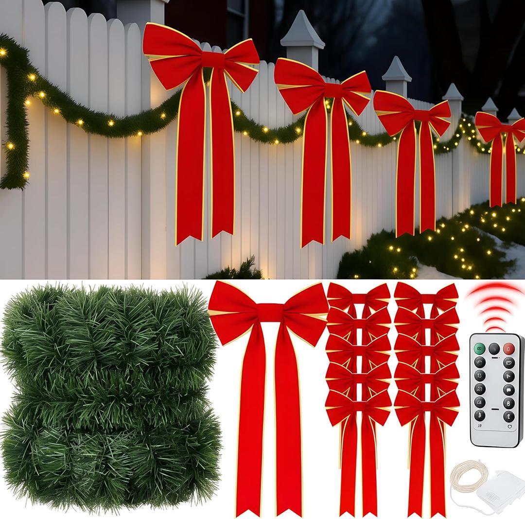 50 Feet Outdoor Christmas Fence Garland with 66ft Lights and 10 Large 28 10 Red Velvet Bows Garland for Fence Stairs Mantle Railing Holiday Party Xmas Decor(Warm Color)