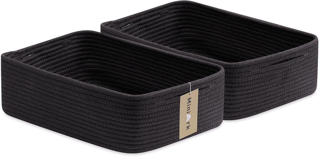 MiniArk Large Shallow Organizing Baskets 15x11x5.1 Inches - Rope Woven Storage Bins for Bathroom, Shelves, Cube Closet, Black 2 Packs