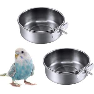Kathson 2 Pack Bird Feeding Dish Cups, Stainless Steel bird bowls Parrot Feeders Water Cage Bowls with Clamp Holder Bird Feeders for Parakeet Cockatiels Conure Budgies Lovebird Finch and Small Animals