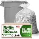 Betta 30-33 Gallon Clear Trash Bags, 100 Count Box, (33x39-inch) Commercial Heavy-Duty Garbage Can Liners for 20-32 Gallon Round Cans, 23-29 Gallon Slim and Square Cans