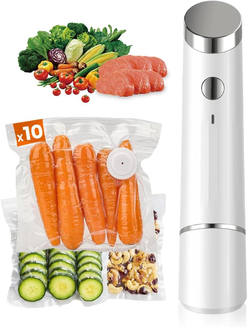 Portable Vacuum Sealer for Food, 10 Reusable Sealer Bags with 60kPa Powerful Handheld Vacuum Sealer Machine, Seal Meal Saver, Cordless Compact Food Sealer for Freezer, Microwave