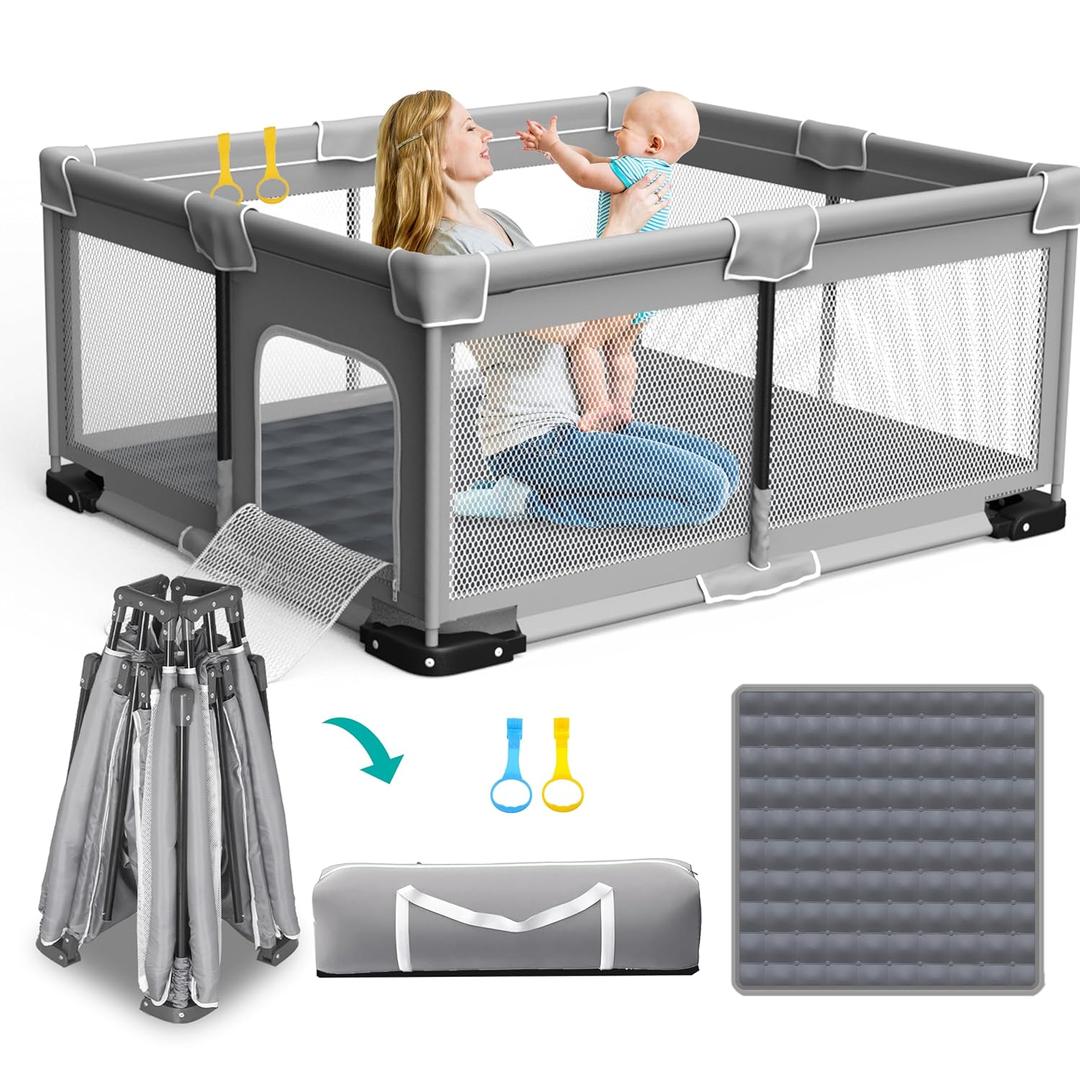 ICAREWAY Foldable Playpen for Babies and Toddlers, 71"x59" Inches Portable Playpen with Mat, Kids Collapsible Play Pen with 2 Handlers, Indoor & Outdoor Baby Play Area with Visible Mesh (Light Gray)