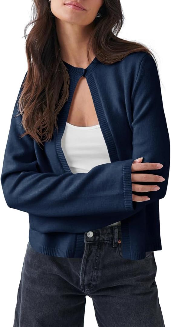 Saodimallsu Womens Lightweight Cardigans Open Front Long Sleeve One Button Casual Crewneck Loose Knit Shrug Sweater (Blue, M)