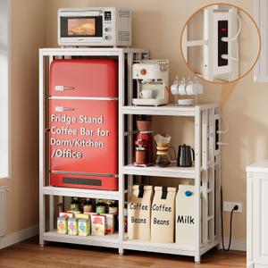 Mini Fridge Stand Coffee Bar Cabinet Station With Small Refrigerator Insert Storage Space, Shelf Organizer For Dorm Microwave To Sit, White Baker Rack With Power Outlet, Big Table To Go Over Fridge, 15.7"D x 40.5"W x 48.8"H