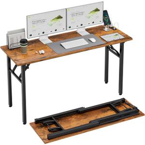 TEMI Long Computer Desk Folding Table - No Assembly, Compact 55" Foldable Desk with Power Outlets & USB Charging Port, Portable Lagre Office Desk, Ideal Large Study Table for Narrow Spaces, Brown, 55.1 Inch