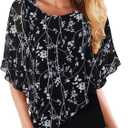 Lotusmile Women's Lightweight Flowy Shirt Double-Layered Printed Chiffon Poncho Blouse Top (Large, Ivy Black)