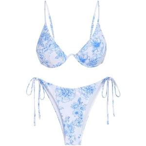 ZAFUL Women's Textured Underwire Bikini Set V Notch High Cut Swimwear Tie Side Ribbed Sexy Swimsuits M