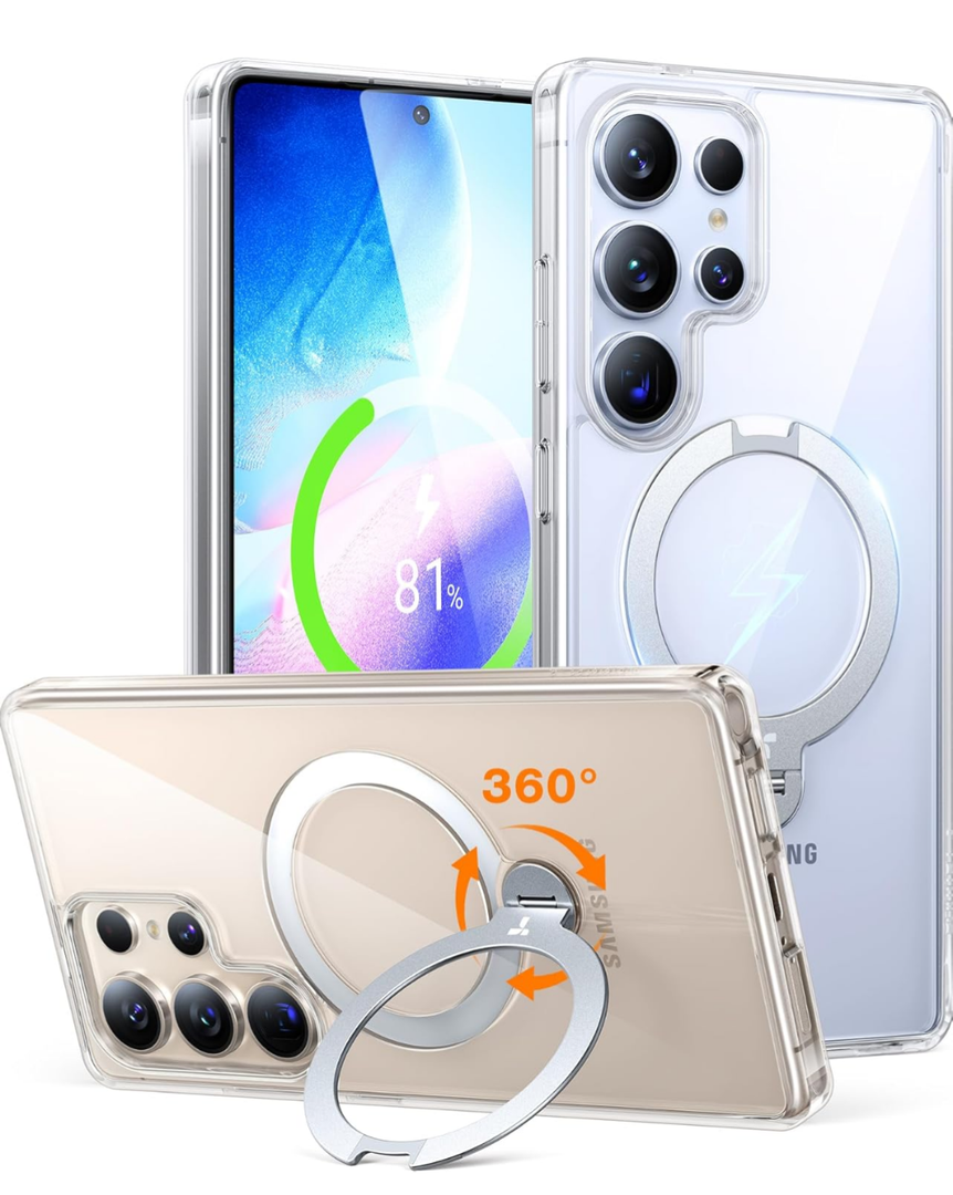 TORRAS 360° Spin Magnetic Stand for Samsung Galaxy S25 Ultra Case, Fit for Magsafe, Military Grade Slim Hard PC Protective S25 Ultra Clear Case with Kickstand & Ring Holder, Ostand Spin, Clear